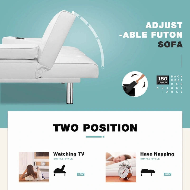 Futon moderne Furniwell en similicuir avec porte-gobelets et oreillers, 65