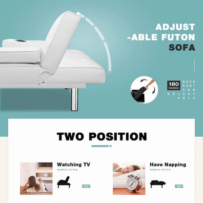 Futon moderne Furniwell en similicuir avec porte-gobelets et oreillers, 65
