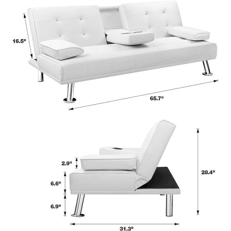 Futon moderne Furniwell en similicuir avec porte-gobelets et oreillers, 65