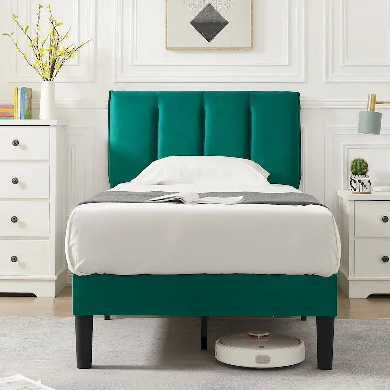 Cadre de lit plateforme capitonné VECELO avec tête de lit réglable en hauteur, pour lits simples, doubles et queen, vert foncé