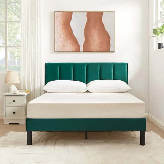 VECELO Tufted Upholstered Platform Bed Frame with Adjustable Height Headboard Twin/Full/Queen Size Beds, Dark Green