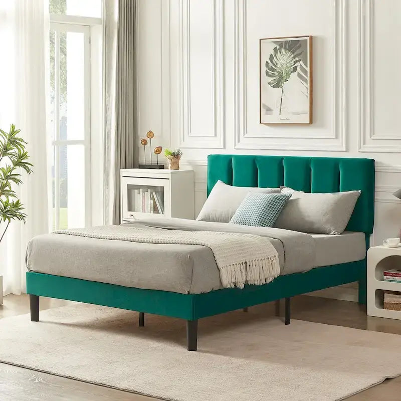 Cadre de lit plateforme capitonné VECELO avec tête de lit réglable en hauteur, pour lits simples, doubles et queen, vert foncé