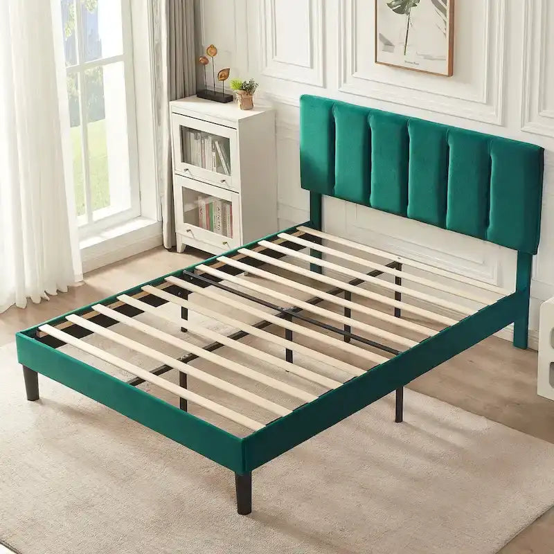 Cadre de lit plateforme capitonné VECELO avec tête de lit réglable en hauteur, pour lits simples, doubles et queen, vert foncé