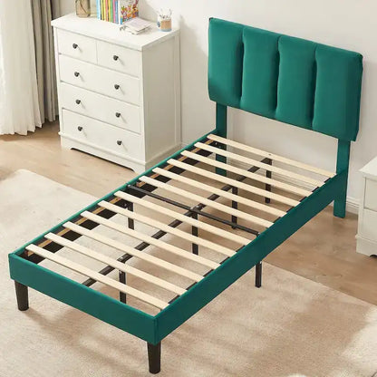 Cadre de lit plateforme capitonné VECELO avec tête de lit réglable en hauteur, pour lits simples, doubles et queen, vert foncé