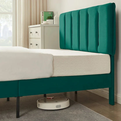 Cadre de lit plateforme capitonné VECELO avec tête de lit réglable en hauteur, pour lits simples, doubles et queen, vert foncé