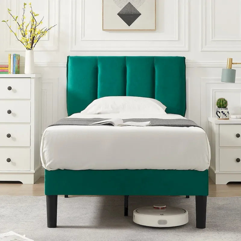 Cadre de lit plateforme capitonné VECELO avec tête de lit réglable en hauteur, pour lits simples, doubles et queen, vert foncé