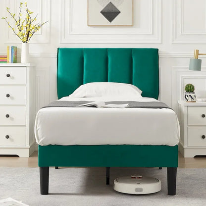 Cadre de lit plateforme capitonné VECELO avec tête de lit réglable en hauteur, pour lits simples, doubles et queen, vert foncé