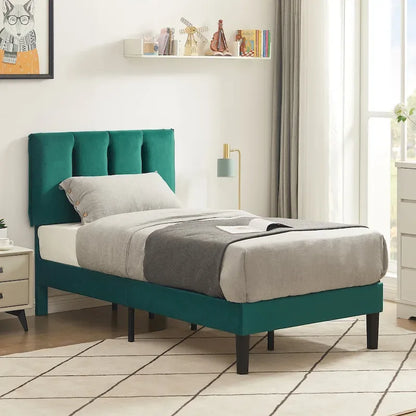 Cadre de lit plateforme capitonné VECELO avec tête de lit réglable en hauteur, pour lits simples, doubles et queen, vert foncé
