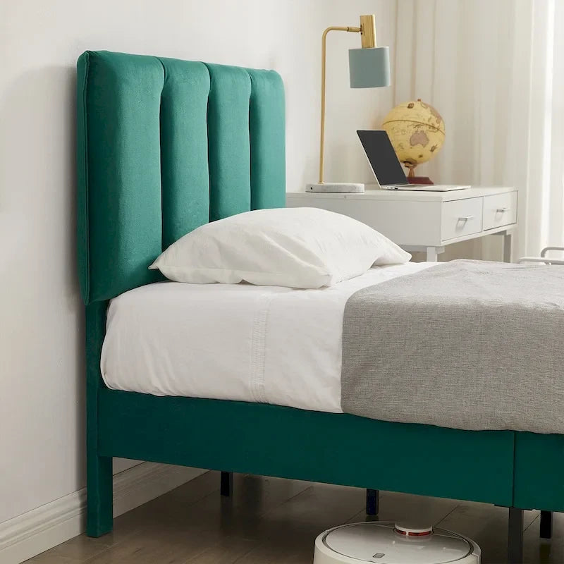Cadre de lit plateforme capitonné VECELO avec tête de lit réglable en hauteur, pour lits simples, doubles et queen, vert foncé