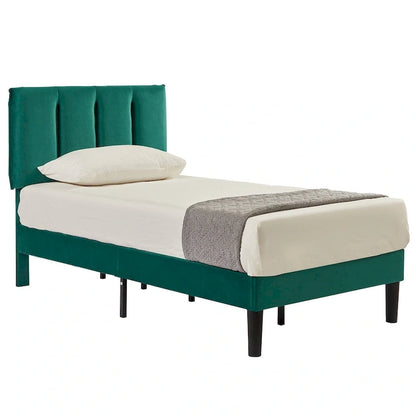 Cadre de lit plateforme capitonné VECELO avec tête de lit réglable en hauteur, pour lits simples, doubles et queen, vert foncé