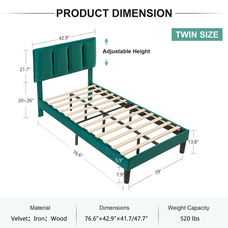 Cadre de lit plateforme capitonné VECELO avec tête de lit réglable en hauteur, pour lits simples, doubles et queen, vert foncé