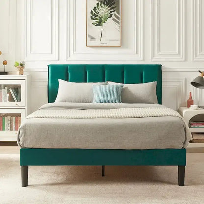 Cadre de lit plateforme capitonné VECELO avec tête de lit réglable en hauteur, pour lits simples, doubles et queen, vert foncé