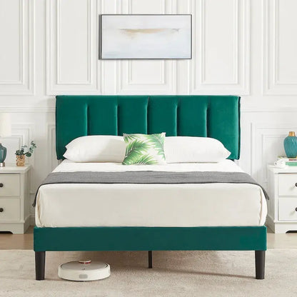 Cadre de lit plateforme capitonné VECELO avec tête de lit réglable en hauteur, pour lits simples, doubles et queen, vert foncé