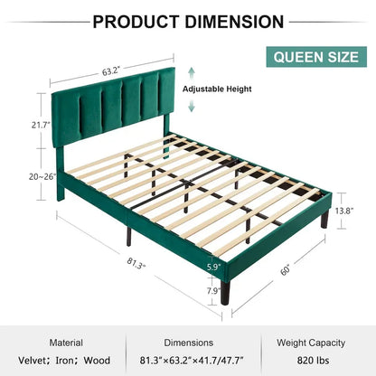 Cadre de lit plateforme capitonné VECELO avec tête de lit réglable en hauteur, pour lits simples, doubles et queen, vert foncé