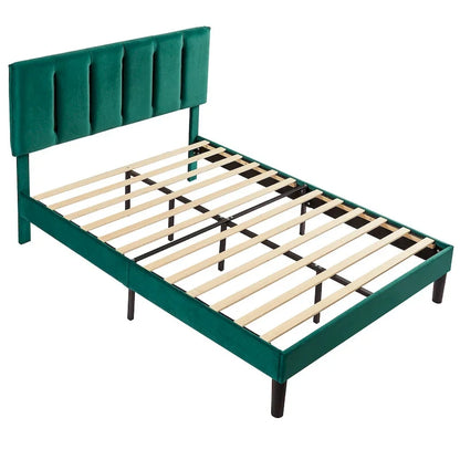 Cadre de lit plateforme capitonné VECELO avec tête de lit réglable en hauteur, pour lits simples, doubles et queen, vert foncé