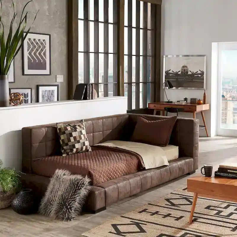 Chaise longue Basingstoke Brown en microfibre, taille simple, par iNSPIRE Q Modern