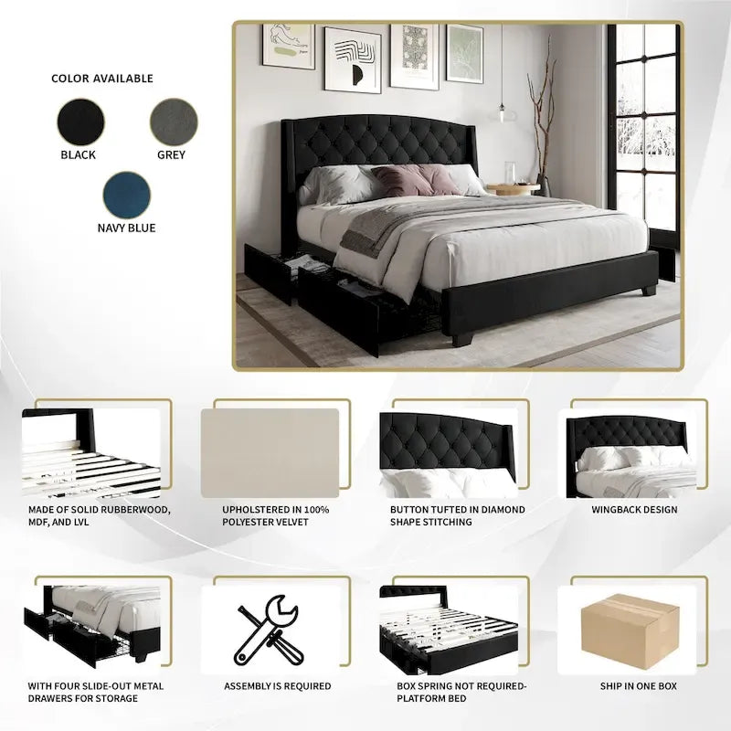 Lit capitonné à oreilles CraftPorch Classic avec tiroirs