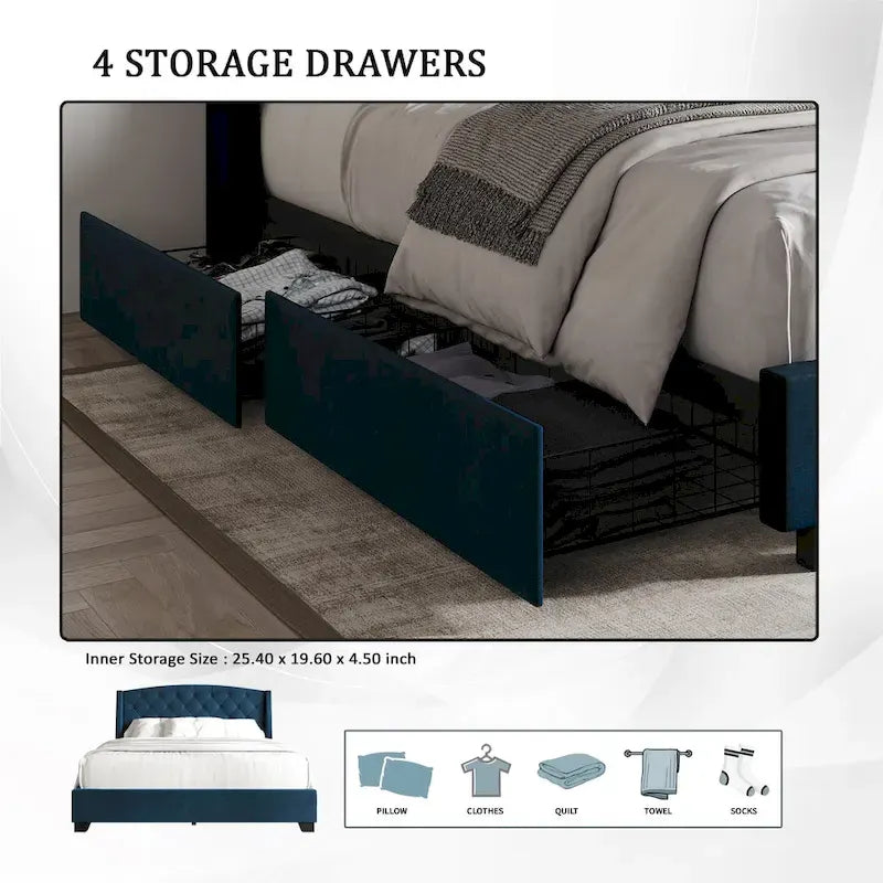 Lit capitonné à oreilles CraftPorch Classic avec tiroirs