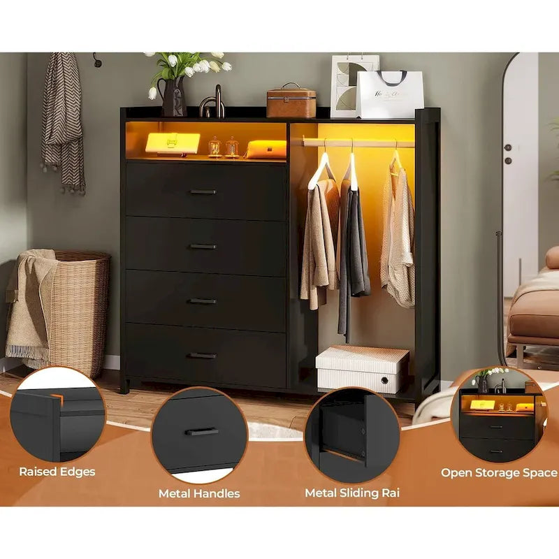 Commode pour chambre à coucher avec penderie, commode à 4 tiroirs