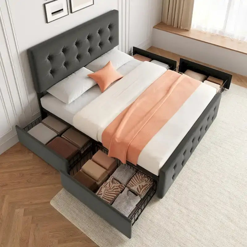 Cadre de lit avec 4 tiroirs de rangement et tête de lit