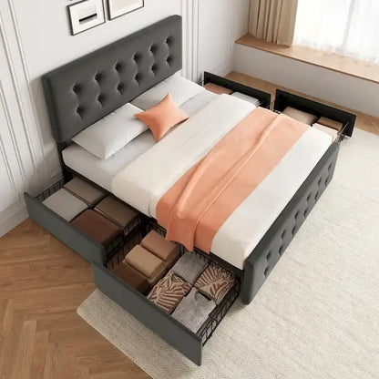 Cadre de lit avec 4 tiroirs de rangement et tête de lit