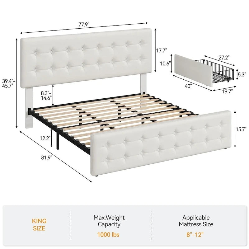 Cadre de lit avec 4 tiroirs de rangement et tête de lit