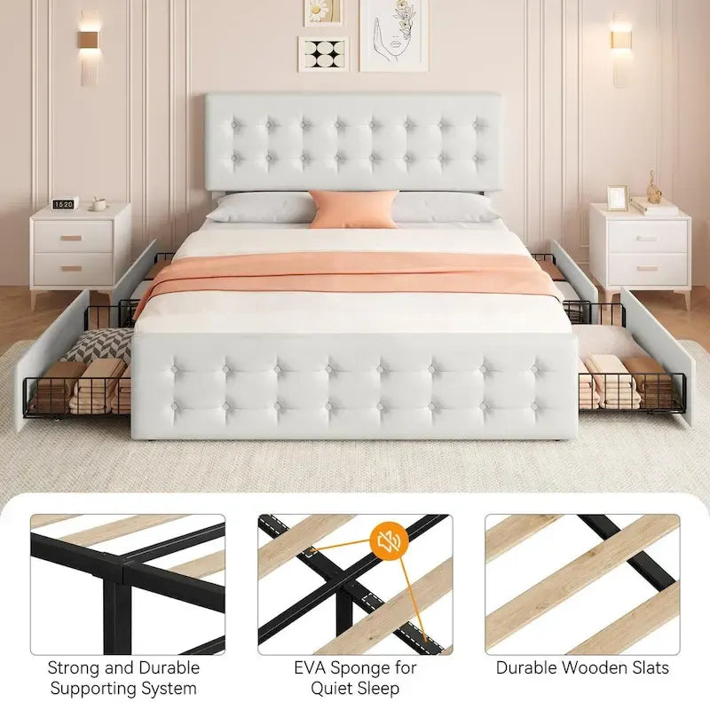 Cadre de lit avec 4 tiroirs de rangement et tête de lit