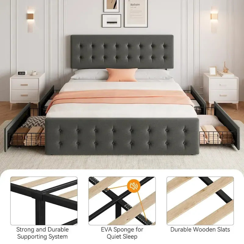 Cadre de lit avec 4 tiroirs de rangement et tête de lit