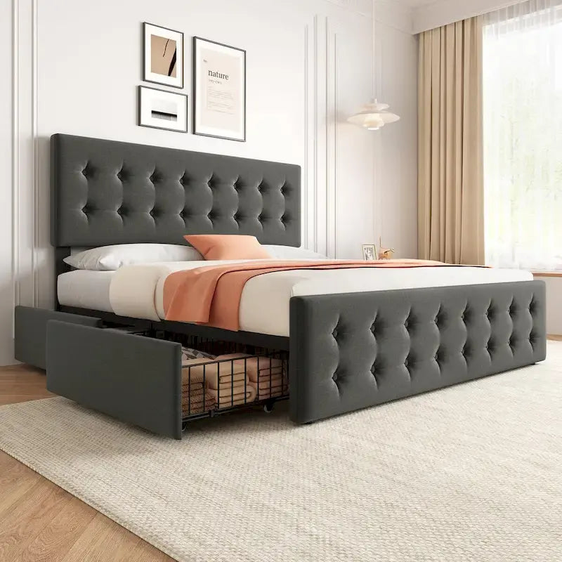 Cadre de lit avec 4 tiroirs de rangement et tête de lit