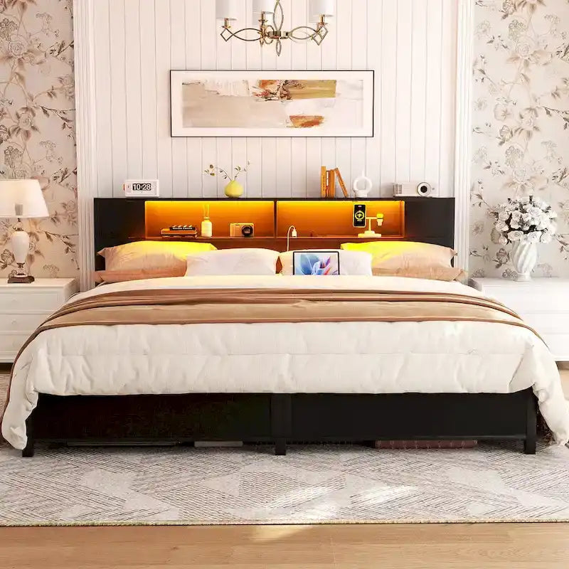 Cadre de lit plateforme avec tête de lit de rangement, station de charge et éclairage LED