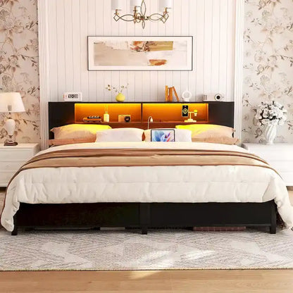 Cadre de lit plateforme avec tête de lit de rangement, station de charge et éclairage LED