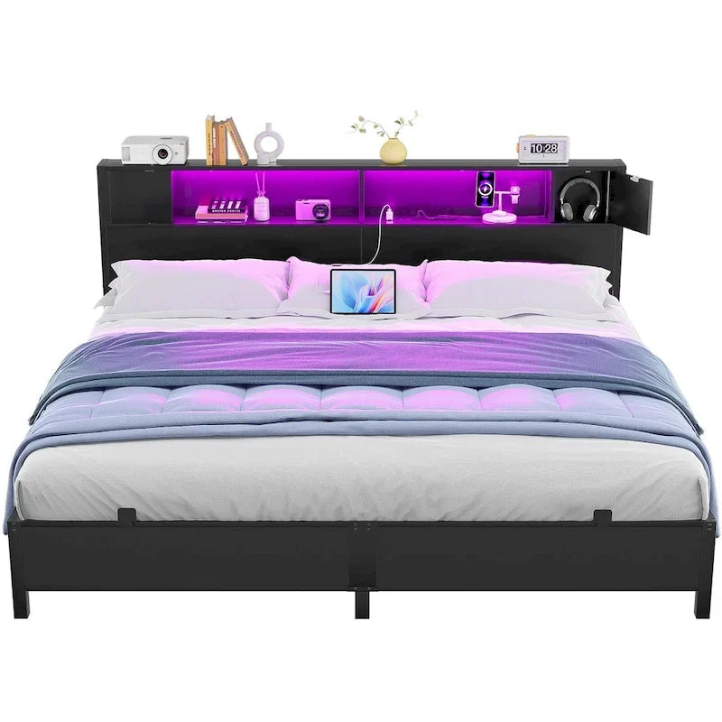 Cadre de lit plateforme avec tête de lit de rangement, station de charge et éclairage LED