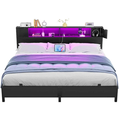 Cadre de lit plateforme avec tête de lit de rangement, station de charge et éclairage LED