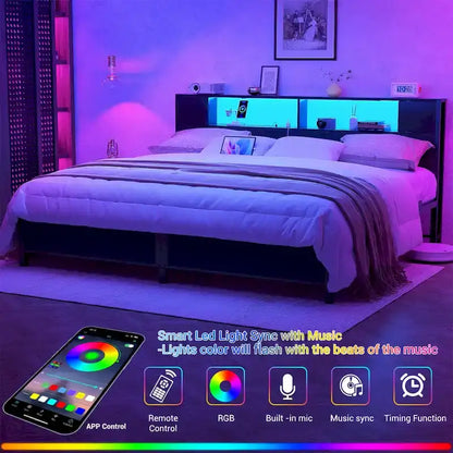 Cadre de lit plateforme avec tête de lit de rangement, station de charge et éclairage LED