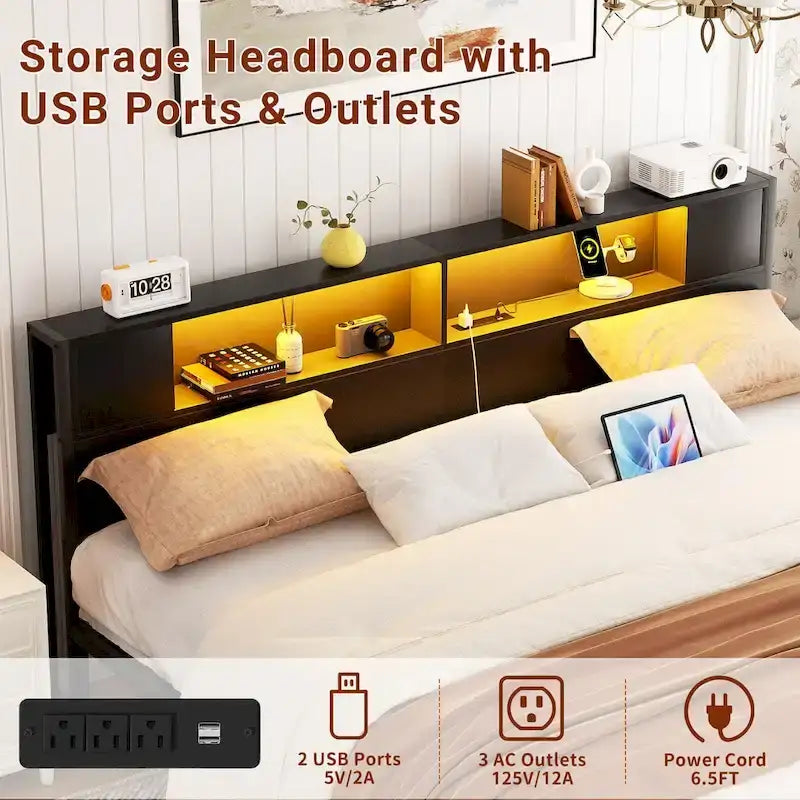 Cadre de lit plateforme avec tête de lit de rangement, station de charge et éclairage LED