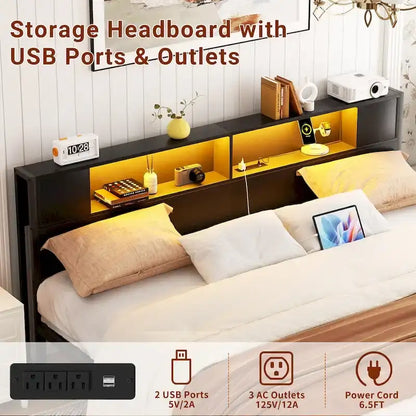 Cadre de lit plateforme avec tête de lit de rangement, station de charge et éclairage LED