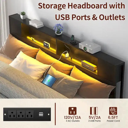Cadre de lit plateforme avec tête de lit de rangement, station de charge et éclairage LED