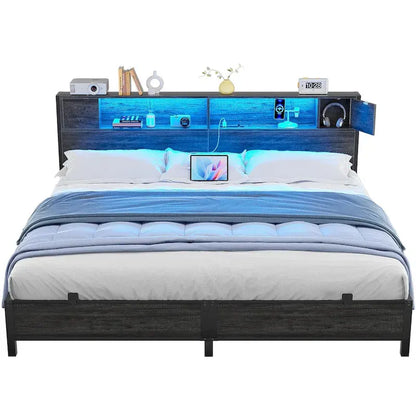 Cadre de lit plateforme avec tête de lit de rangement, station de charge et éclairage LED