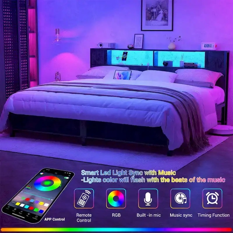 Cadre de lit plateforme avec tête de lit de rangement, station de charge et éclairage LED