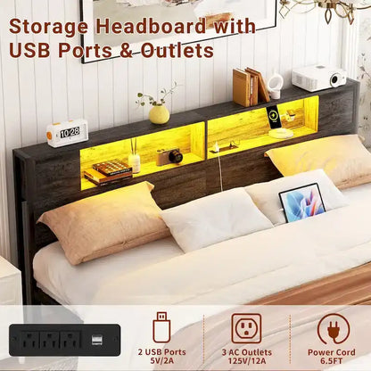 Cadre de lit plateforme avec tête de lit de rangement, station de charge et éclairage LED