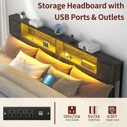 Cadre de lit plateforme avec tête de lit de rangement, station de charge et éclairage LED