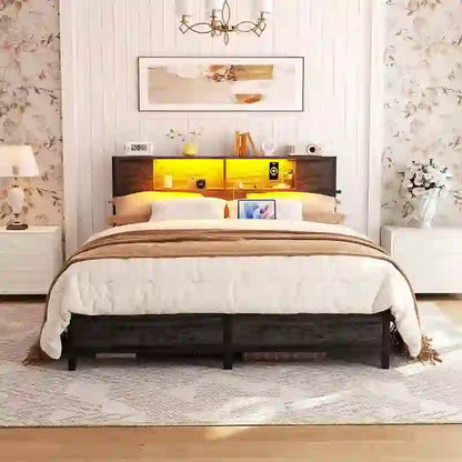 Cadre de lit plateforme avec tête de lit de rangement, station de charge et éclairage LED