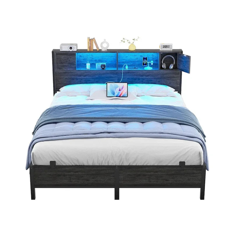 Cadre de lit plateforme avec tête de lit de rangement, station de charge et éclairage LED