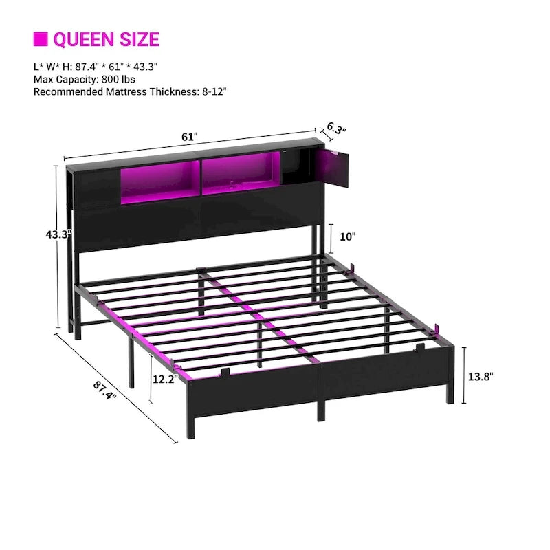 Cadre de lit plateforme avec tête de lit de rangement, station de charge et éclairage LED