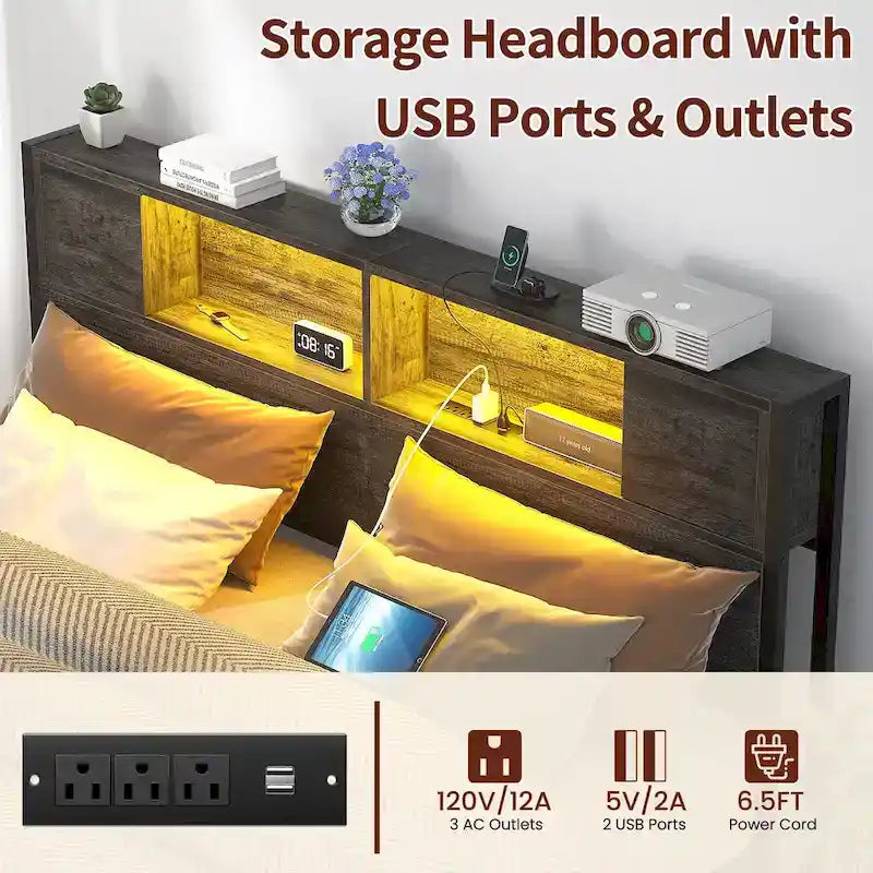 Cadre de lit plateforme avec tête de lit de rangement, station de charge et éclairage LED