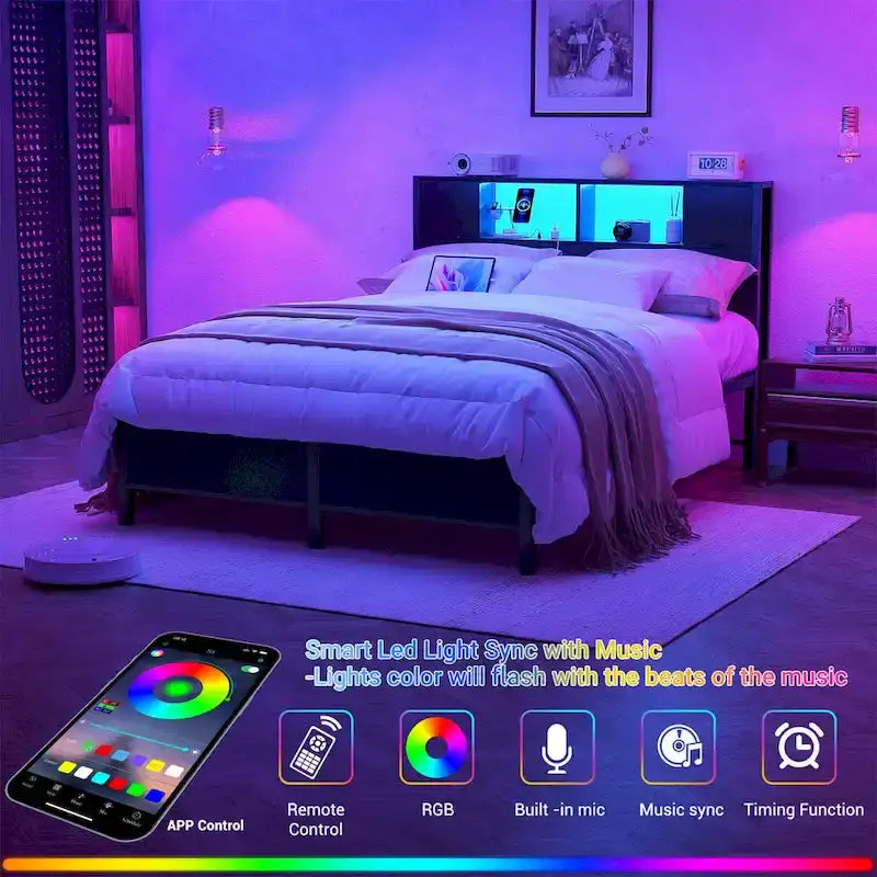 Cadre de lit plateforme avec tête de lit de rangement, station de charge et éclairage LED