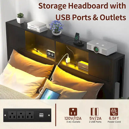 Cadre de lit plateforme avec tête de lit de rangement, station de charge et éclairage LED