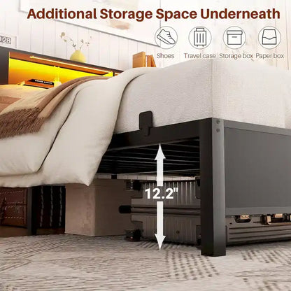 Cadre de lit plateforme avec tête de lit de rangement, station de charge et éclairage LED