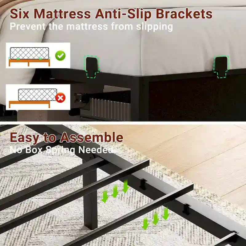 Cadre de lit plateforme avec tête de lit de rangement, station de charge et éclairage LED