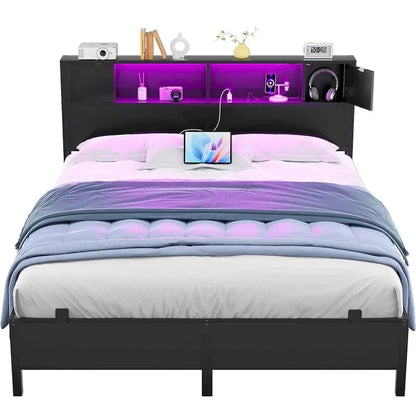 Cadre de lit plateforme avec tête de lit de rangement, station de charge et éclairage LED